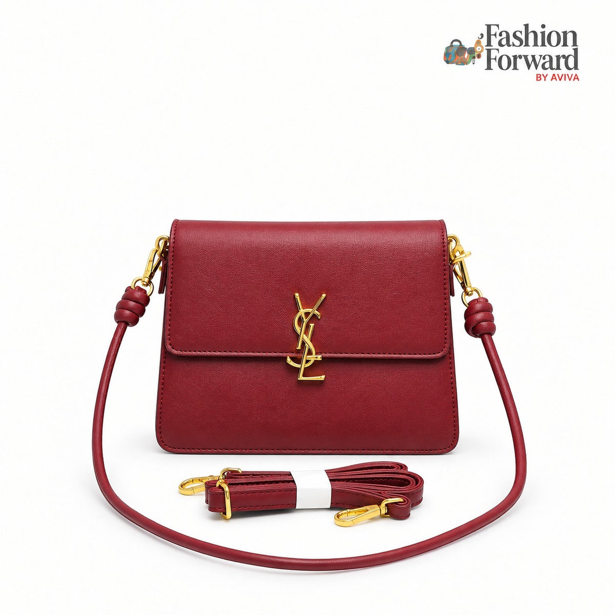 A red leather shoulder bag with a gold YSL monogram clasp, shown with its matching red strap and white band on a white background. The 'Fashion Forward BY AVIVA' logo is in the top right corner.